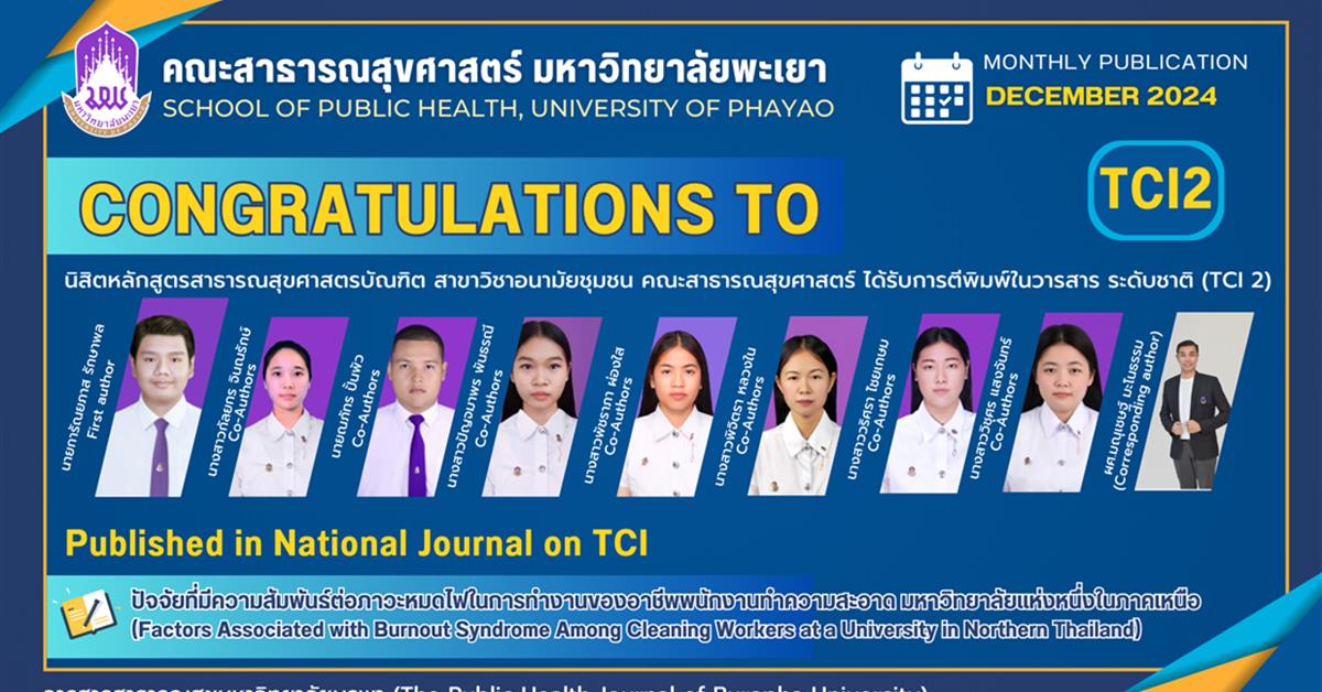 คณะสาธารณสุขศาสตร์ ขอแสดงความยินดี นิสิตหลักสูตรสาธารณสุขศาสตรบัณฑิต สาขาวิชาอนามัยชุมชน คณะสาธารณสุขศาสตร์ ได้รับการตีพิมพ์ในวารสาร ระดับชาติ (TCI 2)